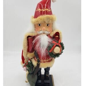 Nutcracker Santa Claus Christmas Decor Red Cape Holding Toy Bag Size 14"